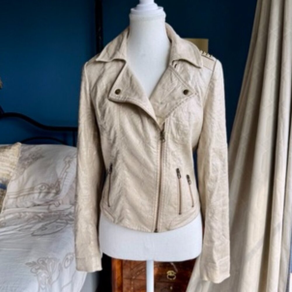 Guess Shimmery Gold Cream Linen Blend Moto Jacket